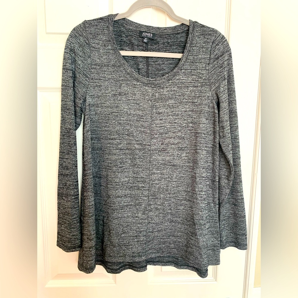 JONES NY Top: Black/Gray Melange Stretchy Fabric Round Neck Long Sleeves Medium